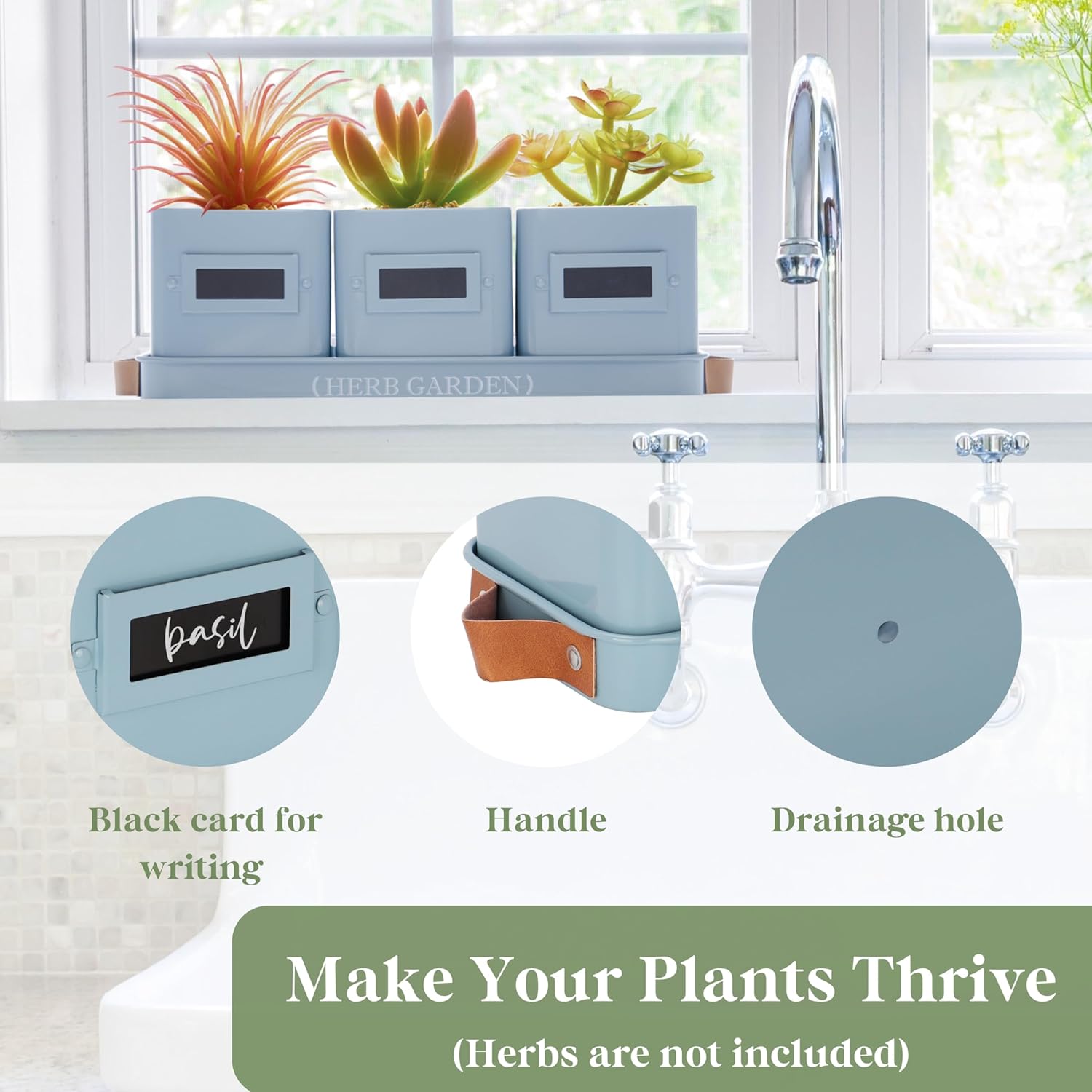 PERFNIQUE Indoor Herb Garden, Herb Garden Planter Set with Tray, Farmhouse Indoor Plant Pots, Windowsill Herb Garden with Drainage(Planter only) for Indoor/Outdoor, Window Pots(Sky Blue)