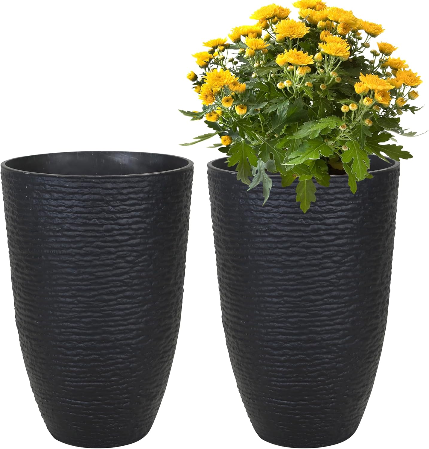 KOL 2-Pack 21in. Tall Plastic Planter - Large Round Tapered Plant Pots with Textured Finish - Black Imitation Stone Looking Big Flower Pots for Indoor & Outdoor Plants - Lightweight and Durable