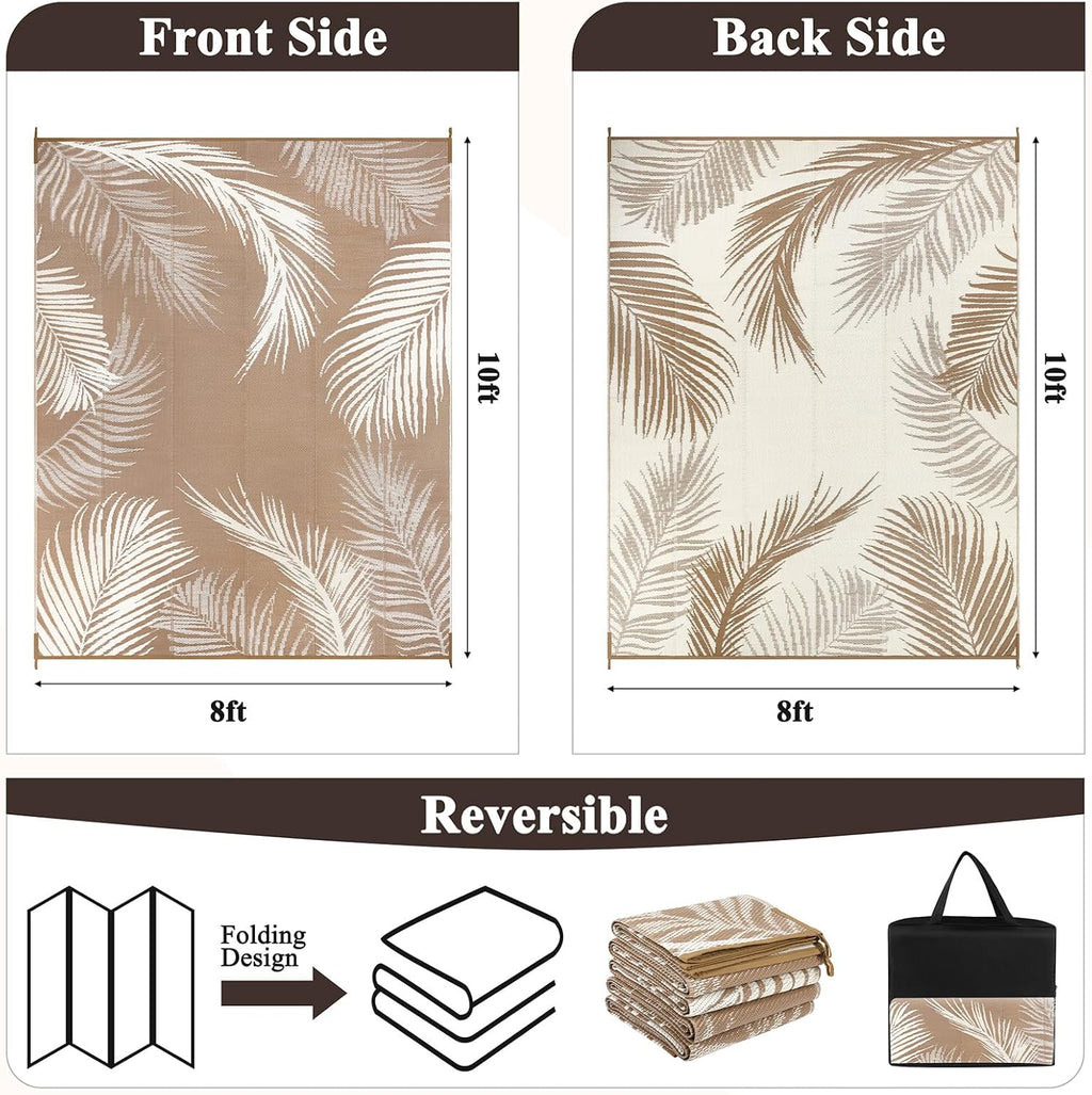 Pauwer Waterproof Outdoor Rug 8x10, Reversible Plastic Straw Patio Camping Rug, Indoor Outdoor RV Mat Carpet for Deck, Camper, Porch, Balcony, Backyard, Picnic, Leaf Brown