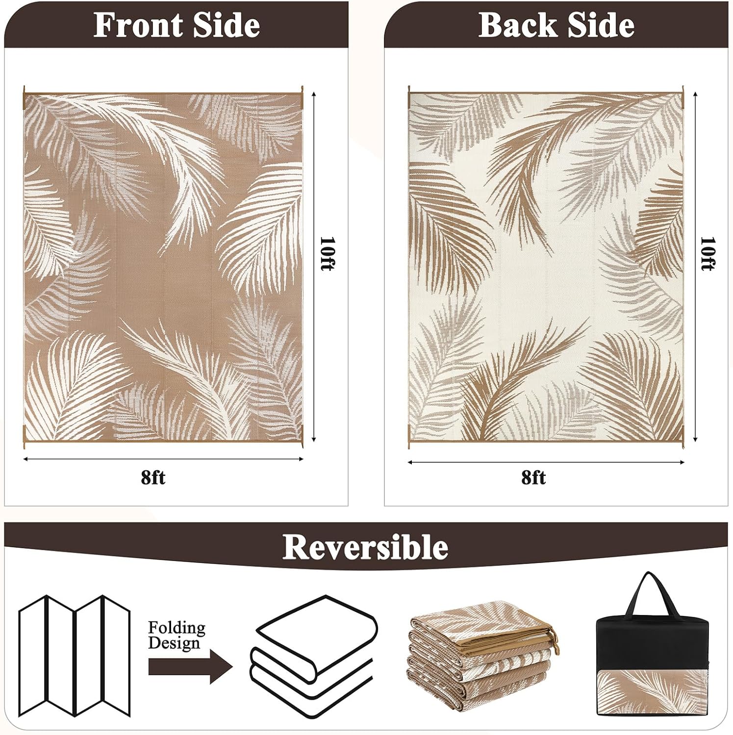 Pauwer Waterproof Outdoor Rug 8x10, Reversible Plastic Straw Patio Camping Rug, Indoor Outdoor RV Mat Carpet for Deck, Camper, Porch, Balcony, Backyard, Picnic, Leaf Brown