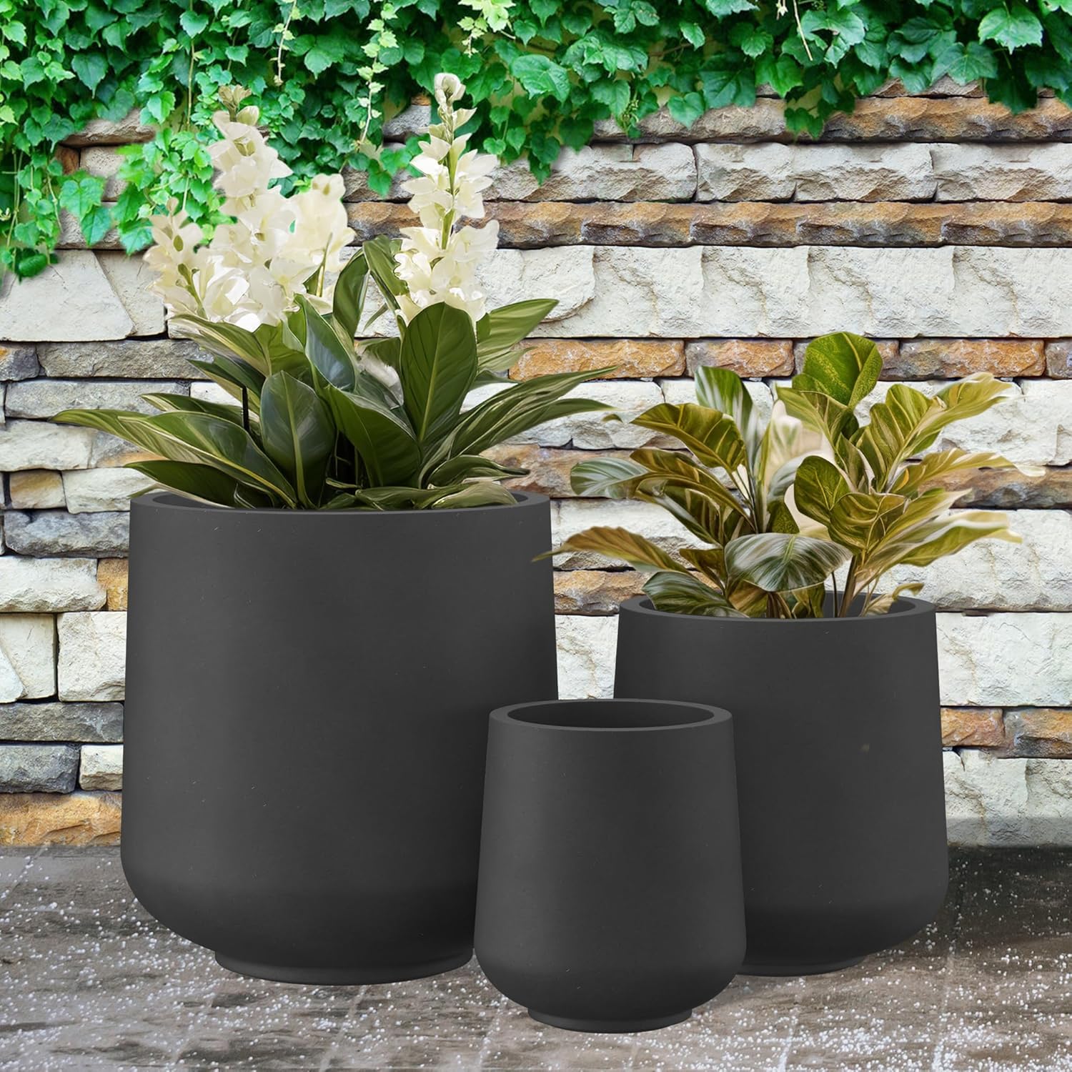 Kante 15.3"+11.6"+8.2" Dia Round Concrete Planter, Large Outdoor Indoor Planter Pots Containers with Drainage Holes and Rubber Plug for Home Garden Patio, Black