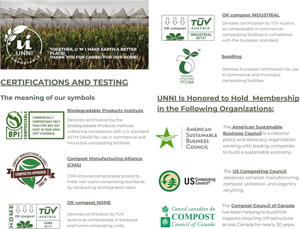 UNNI Compostable Trash Bags, 8 Gallon / 30 Liter, 50 Count, Extra Thick 0.85 mil Medium Kitchen Food Scrap Bin Liners, Certified by BPI, CMA & OK compost HOME, Meets the ASTM D6400 Standard