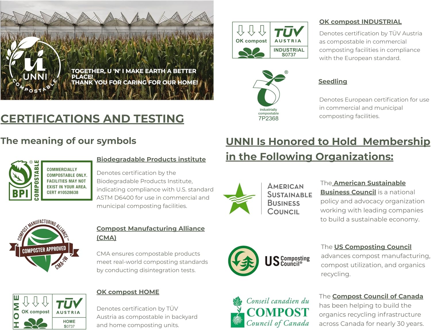 UNNI Compostable Trash Bags, 8 Gallon / 30 Liter, 50 Count, Extra Thick 0.85 mil Medium Kitchen Food Scrap Bin Liners, Certified by BPI, CMA & OK compost HOME, Meets the ASTM D6400 Standard