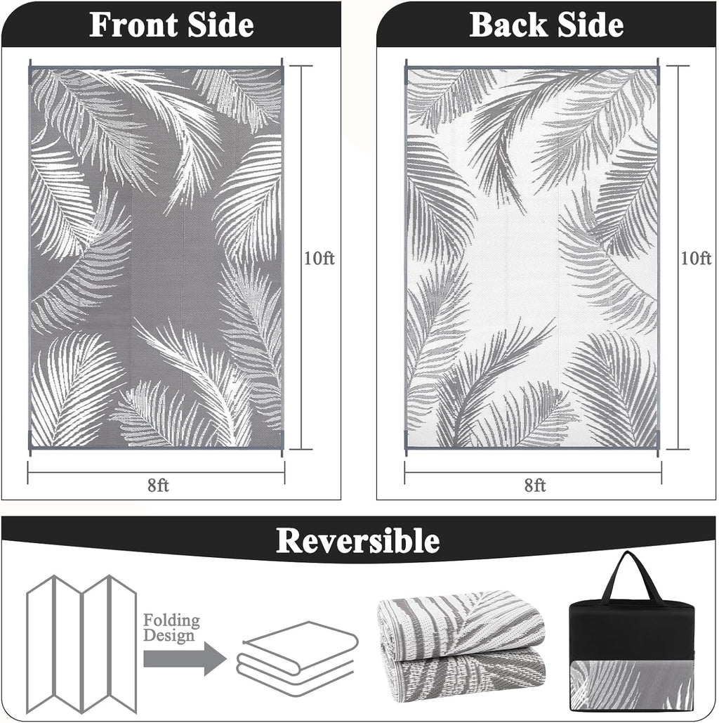 Pauwer Waterproof Outdoor Rug 8x10, Reversible Plastic Straw Patio Camping Rug, Indoor Outdoor RV Mat Carpet for Deck, Camper, Porch, Balcony, Backyard, Picnic, Leaf Grey