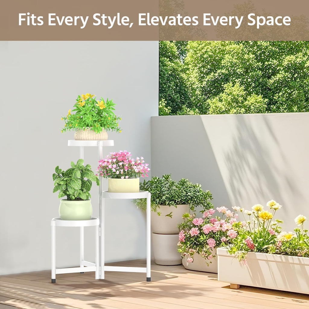 LASZOLA 3 Tiered Folding Plant Stand Indoor for Multiple Large Planter, Tall Heavy Duty Adjustable Rack with Rust Proof Plastic Shelving, Sturdy Vertical Tree Organizer for Narrow Inside Floor, White