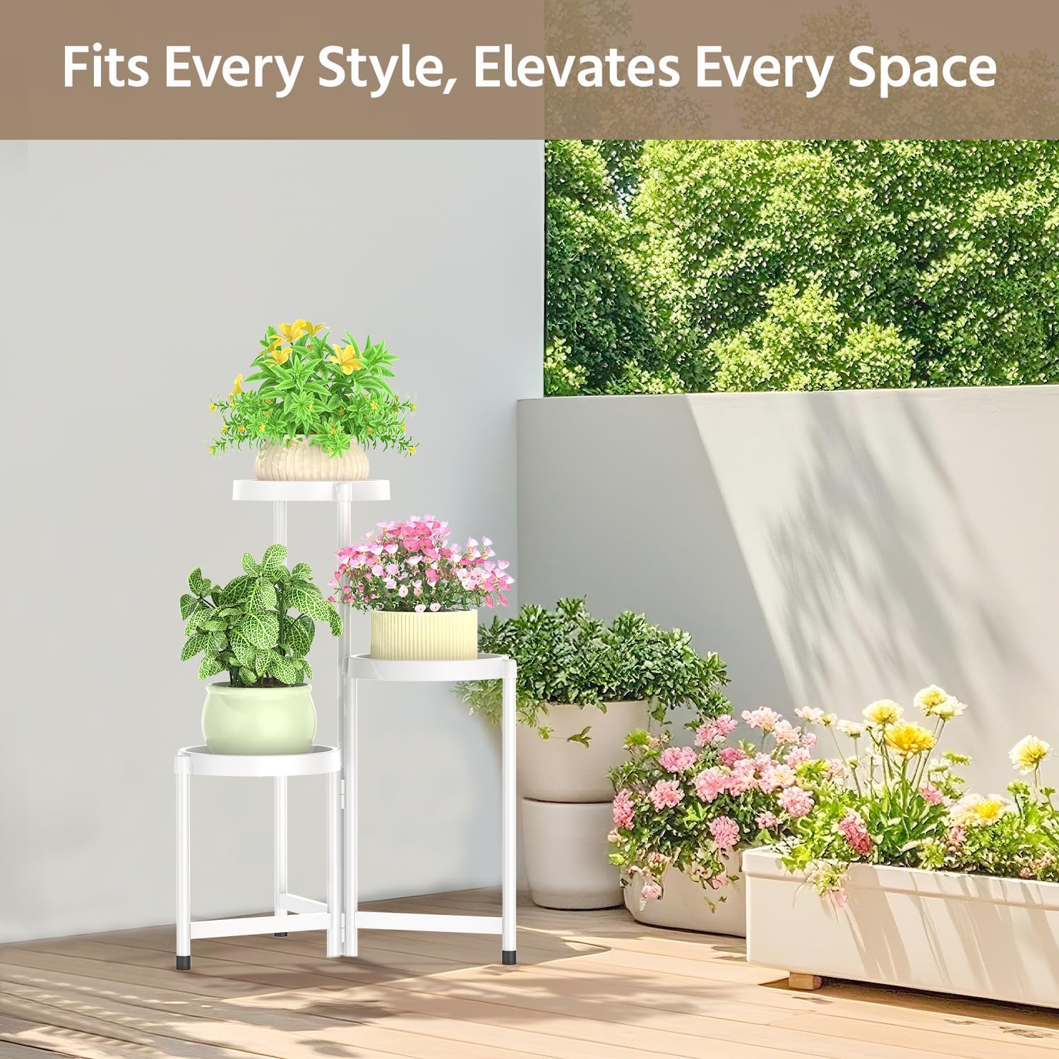 LASZOLA 3 Tiered Folding Plant Stand Indoor for Multiple Large Planter, Tall Heavy Duty Adjustable Rack with Rust Proof Plastic Shelving, Sturdy Vertical Tree Organizer for Narrow Inside Floor, White