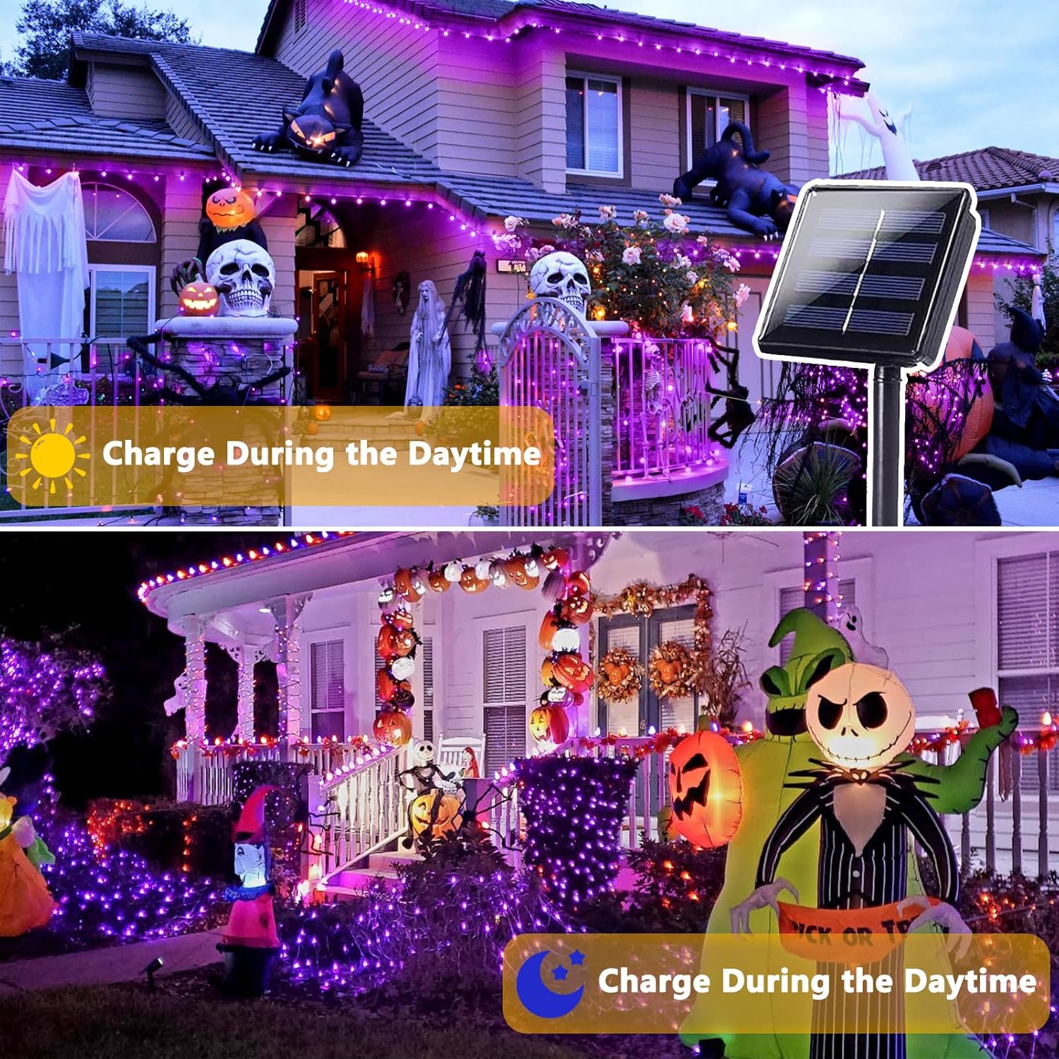 4 Pack Purple Solar Halloween Lights Outdoor Waterproof, 180FT 320 LED Solar String Lights with Green Wire 8 Modes Solar Fairy Twinkle Light for Tree Bush Garden Horror Party Halloween Decorations