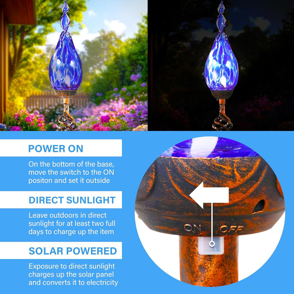 Solar Garden Lights, Decorative LED Flame Garden Stakes, Hand Blown Glass and Outdoor Waterproof Glass Stakes (Dark Blue)