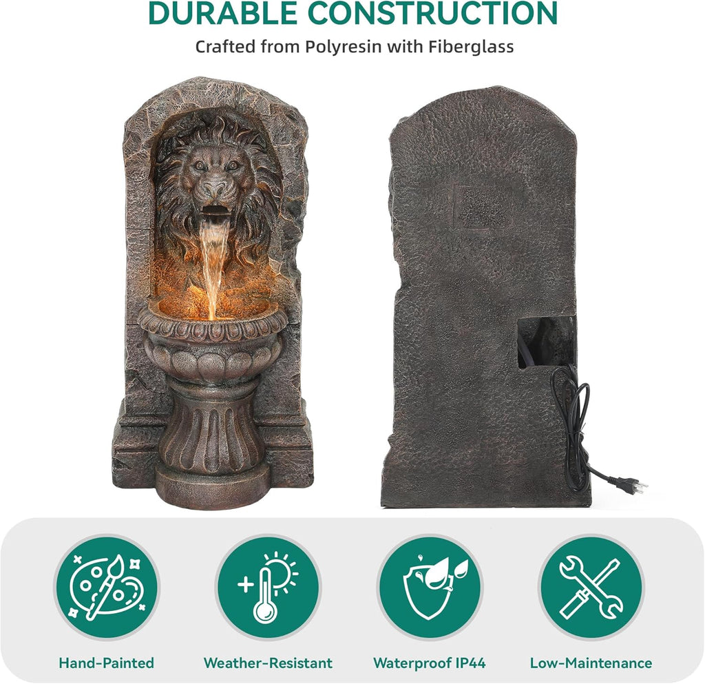 30" Lion Head Outdoor Water Fountain with LED Lights, 2-Tier Resin Garden Fountain, Tranquil Cascading Waterfall for Patio Yard Deck or Porch, Faux Bronze Finish, Weather-Resistant