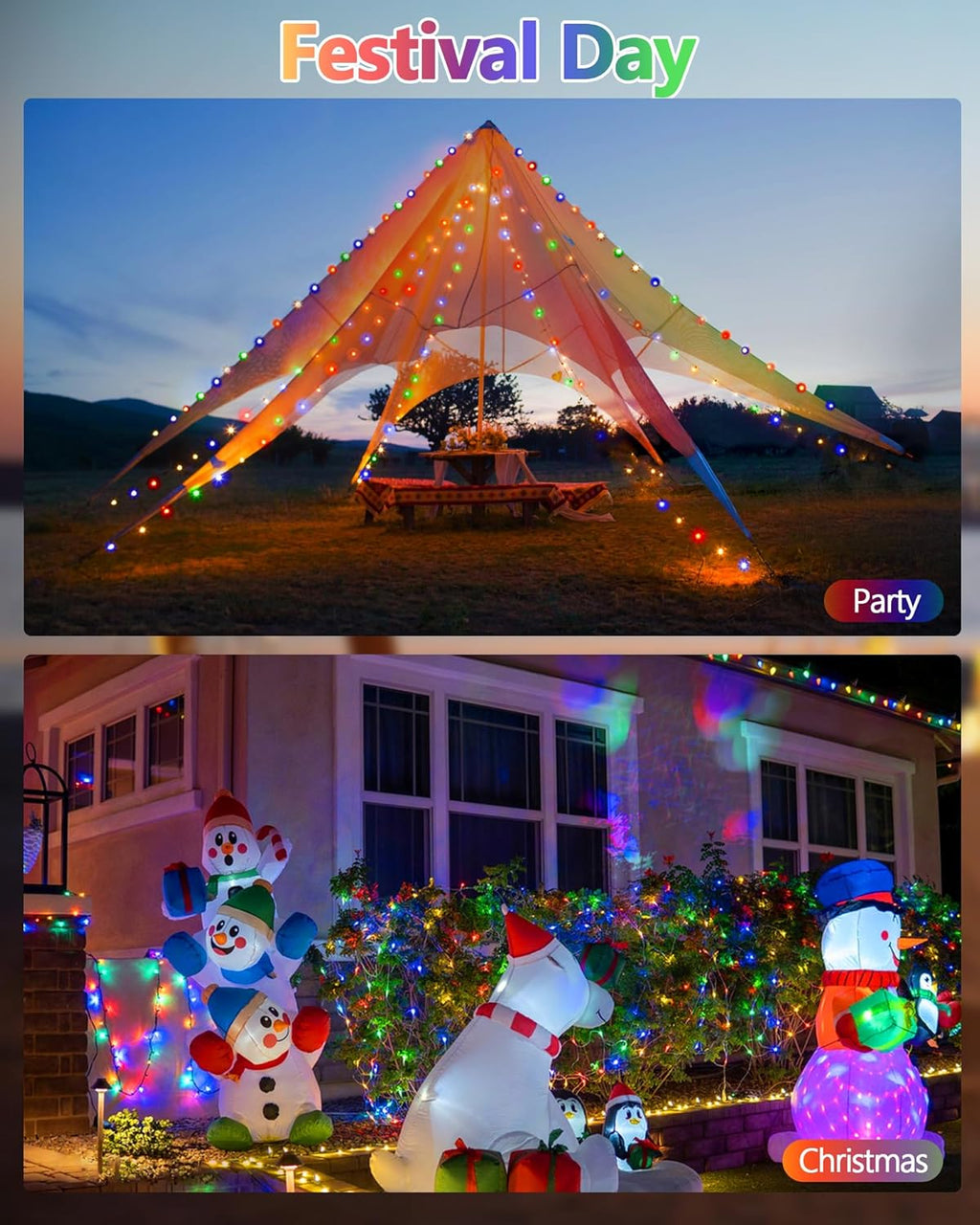 6 Pack Solar Christmas Lights Outdoor, 600 LED 198 FT Solar Powered String Lights Waterproof with Green Wire 8 Lighting Modes, Twinkle Light for Xmas Tree Party Yard Garden Decor, Multicolored