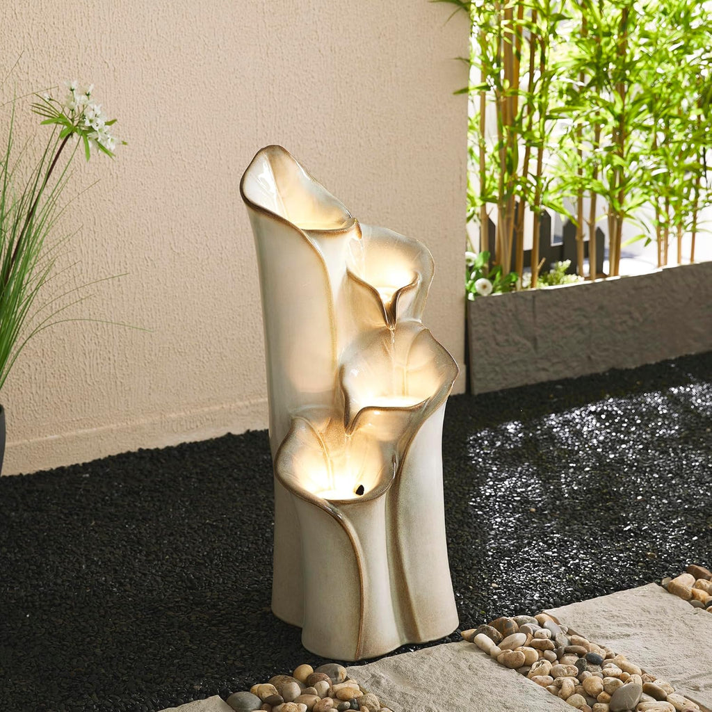 Glitzhome 31.25" H Outdoor Water Fountain with LED Lights and Pump, 4 Tier Sand Beige Lotus Leaf Textured Ceramic Floor Standing Fountain, Vase Waterfall Fountains for Porch Deck Garden Patio Backyard