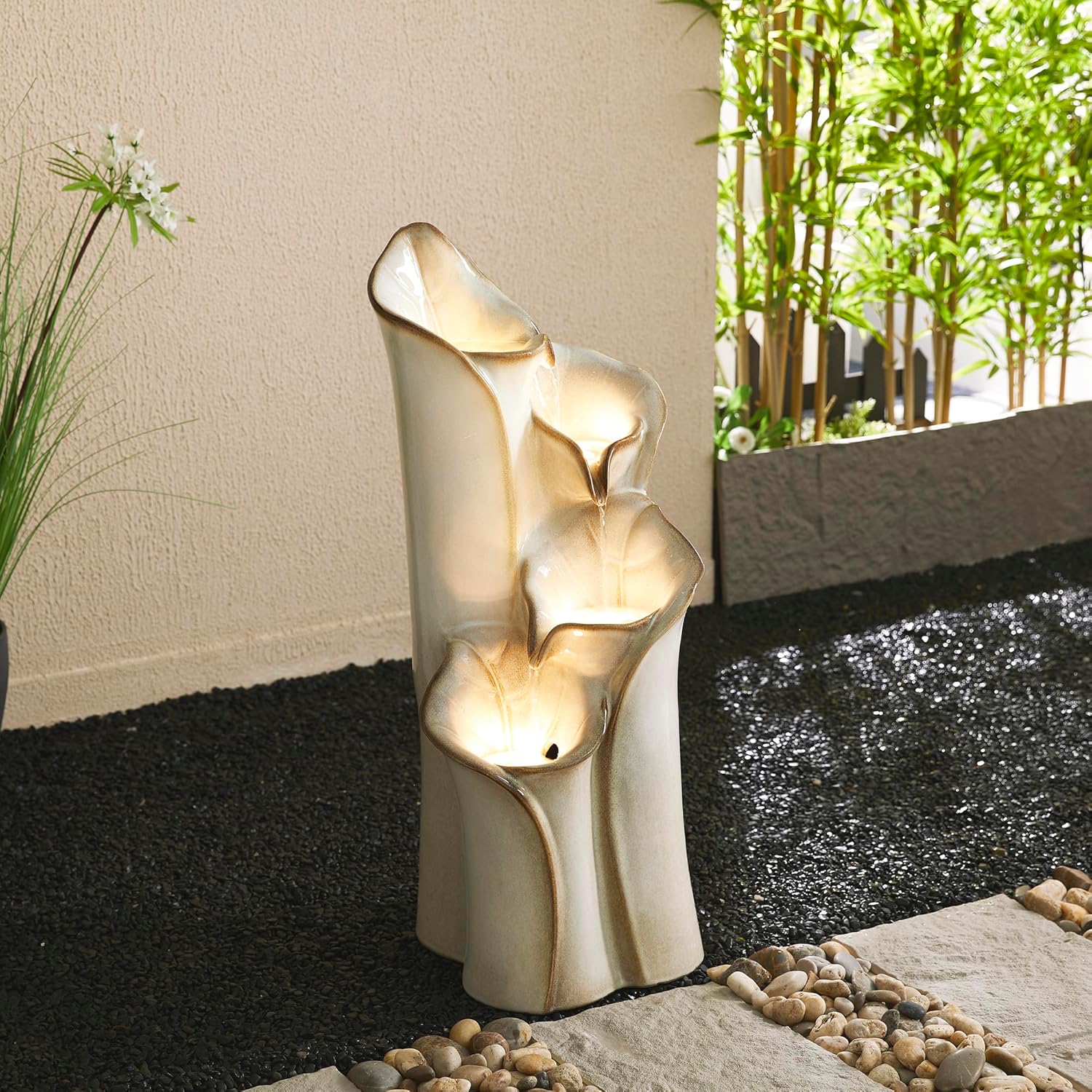 Glitzhome 31.25" H Outdoor Water Fountain with LED Lights and Pump, 4 Tier Sand Beige Lotus Leaf Textured Ceramic Floor Standing Fountain, Vase Waterfall Fountains for Porch Deck Garden Patio Backyard