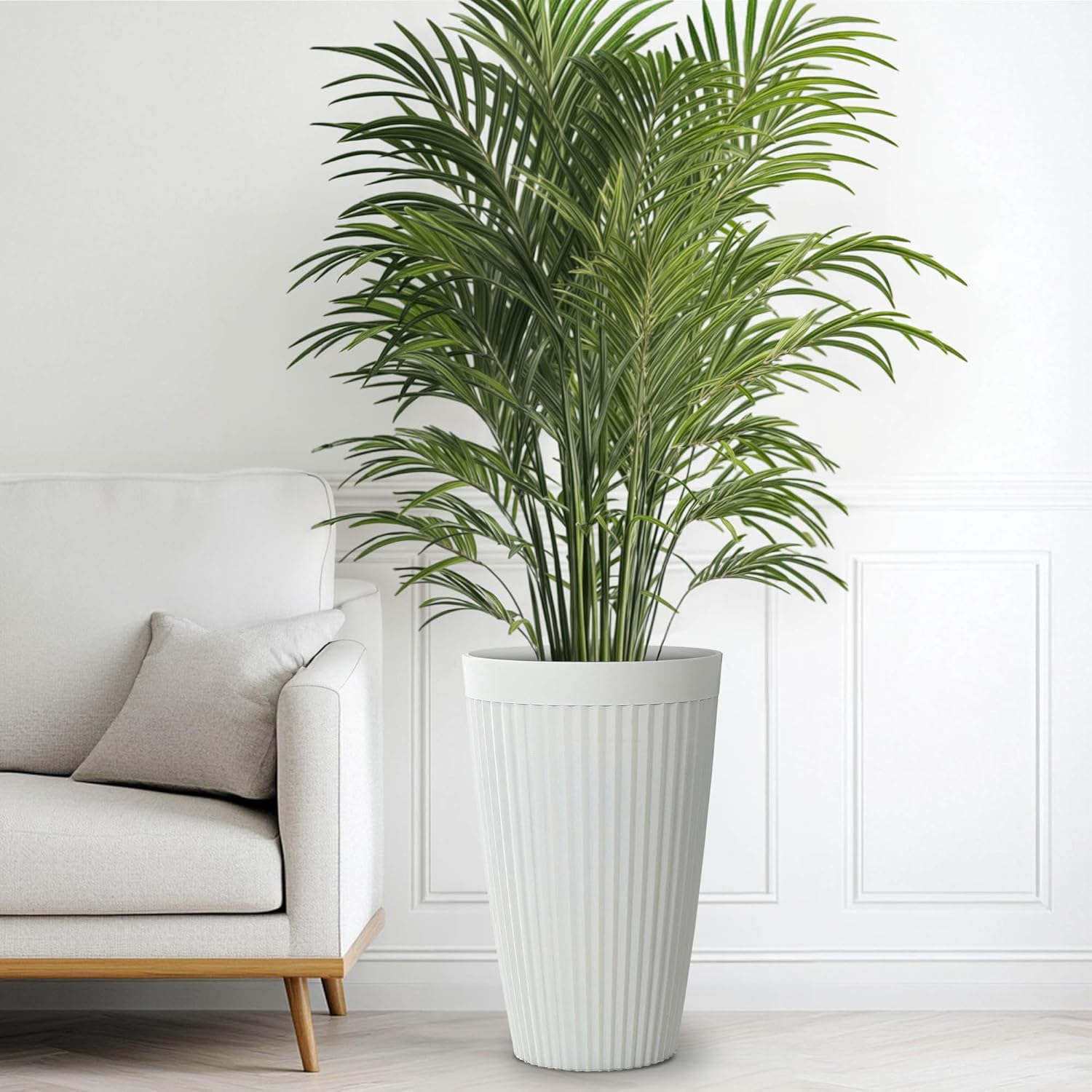 20" Resin Tall Planters for Outdoor Plants,Set of 2 Matt White Large Flower Pots with Handmade Fluted Texture,Heavy-Duty and Weather-Resistant for Year Round Indoor Outdoor use