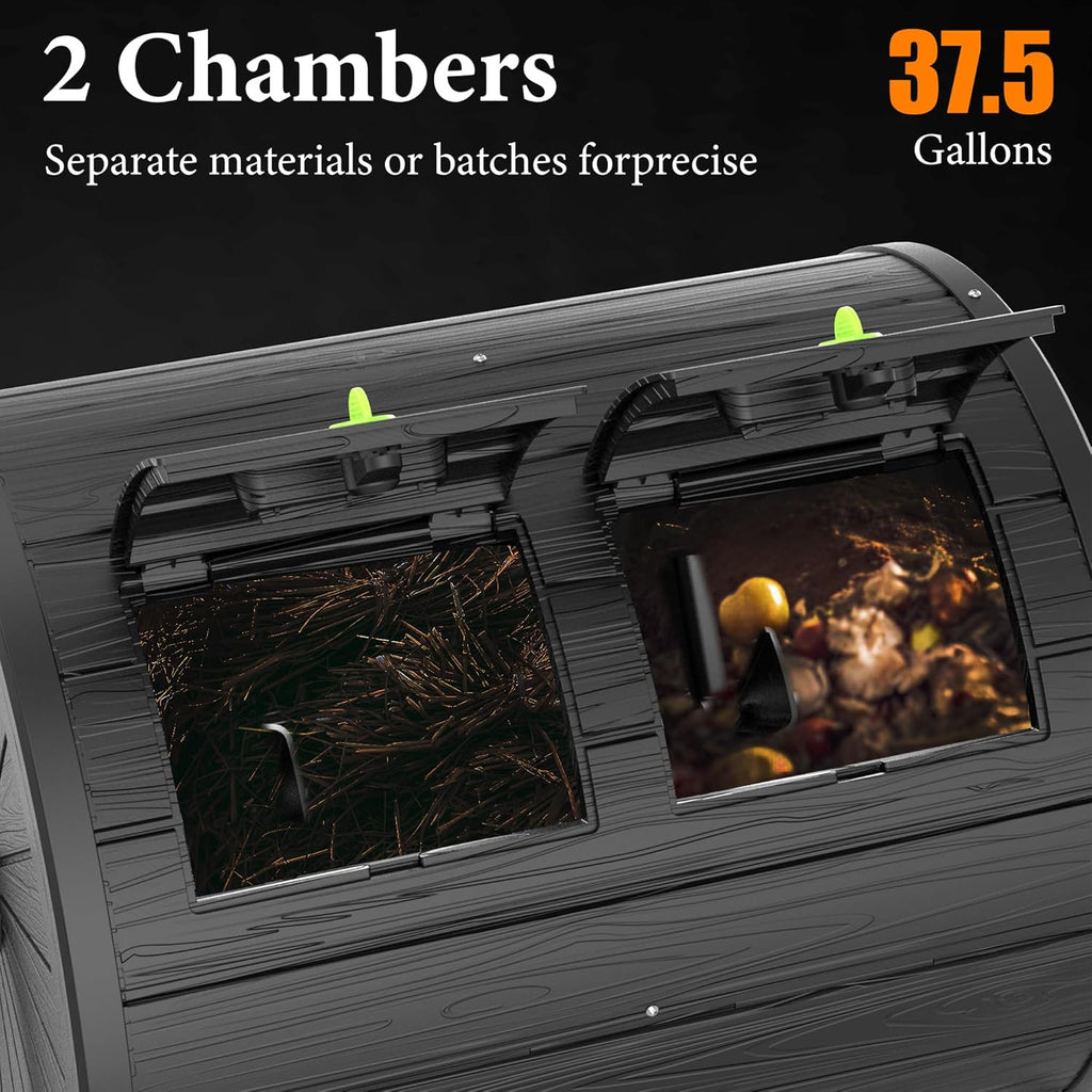 Dual-Chamber Outdoor Compost Tumbler, 37.5-Gallon Efficient Rotating Composter, UV-Resistant and Weatherproof, for Garden, Kitchen, and Yard (Black)