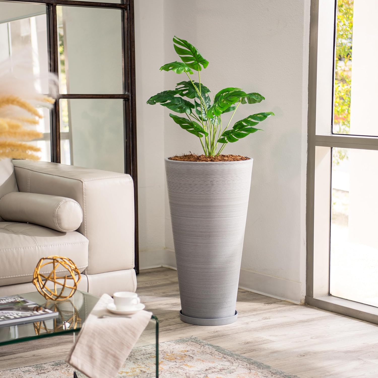 XBrand Modern 28-Inch Tall Round Planter, Modern Tapered Planter Perfect for Indoor & Outdoor Planter, Patio Décor, Gray