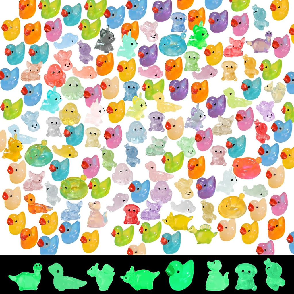 150 pcs Luminous Mini Resin Animal, Resin Ducks Figurines Glow in The Dark for Fairy Garden Accessories Miniature Figurines Aquarium Potted Decor - 11 Styles