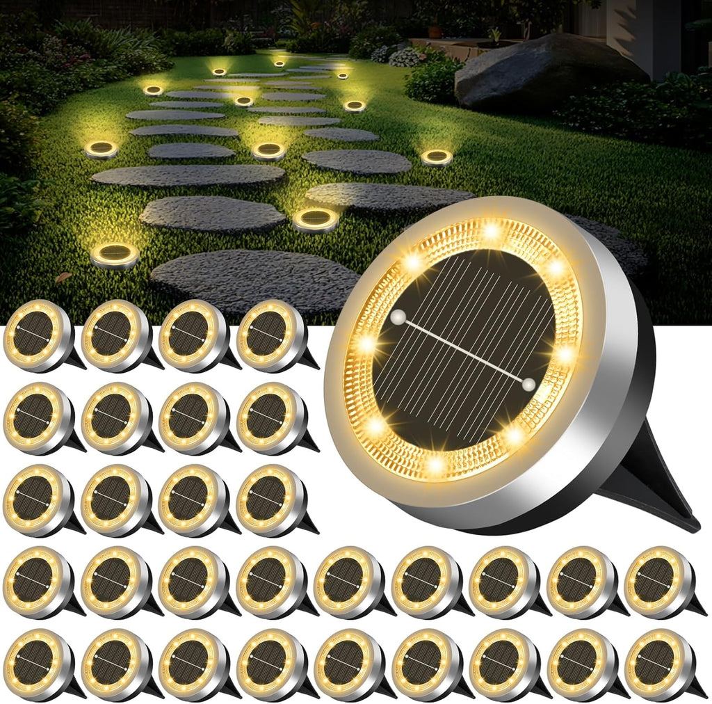 Mini Solar Ground Lights Outdoor 32 Pack Waterproof Upgraded Anti-Rust Solar Flat Garden Lights Stainless Steel Solor Powered Disc Landscape Light for Pathway Walkway Yard Lawn Patio-Warm White