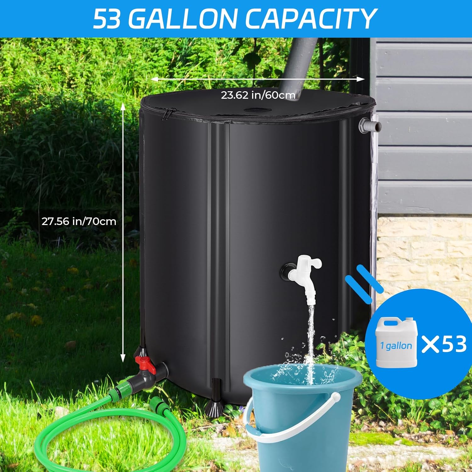 Rain Barrels to Collect Rainwater from Gutter - Portable Water Storage Tank Water Barrel Rainwater Collection System Rain Catcher Include Filter Two Spigots and Overflow Kit (53 Gallon, Black)