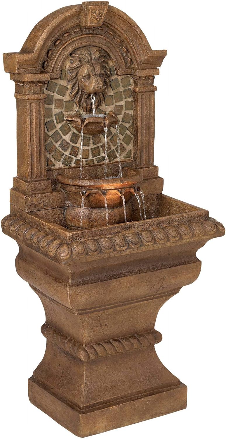 Royal Lions Head 51" High Large Italian Outdoor Decor Faux Stone Floor Fountain with Light Statue Waterfall Standing Tiered Water Feature for Outside Garden Patio Yard Backyard Porch - John Timberland