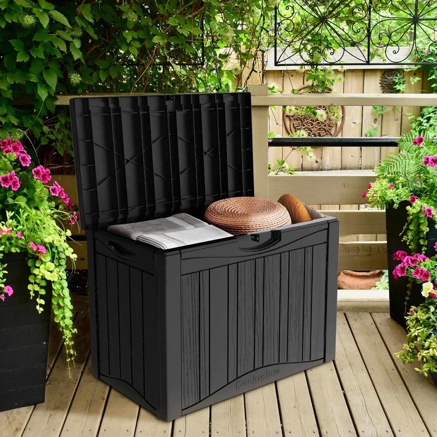 50 Gallon Lockable Resin Deck Box, Waterproof & UV-Resistant Outdoor Storage Box for Outdoor Cushion Storage, Garden Tools & Pool Accessories Storage, Black