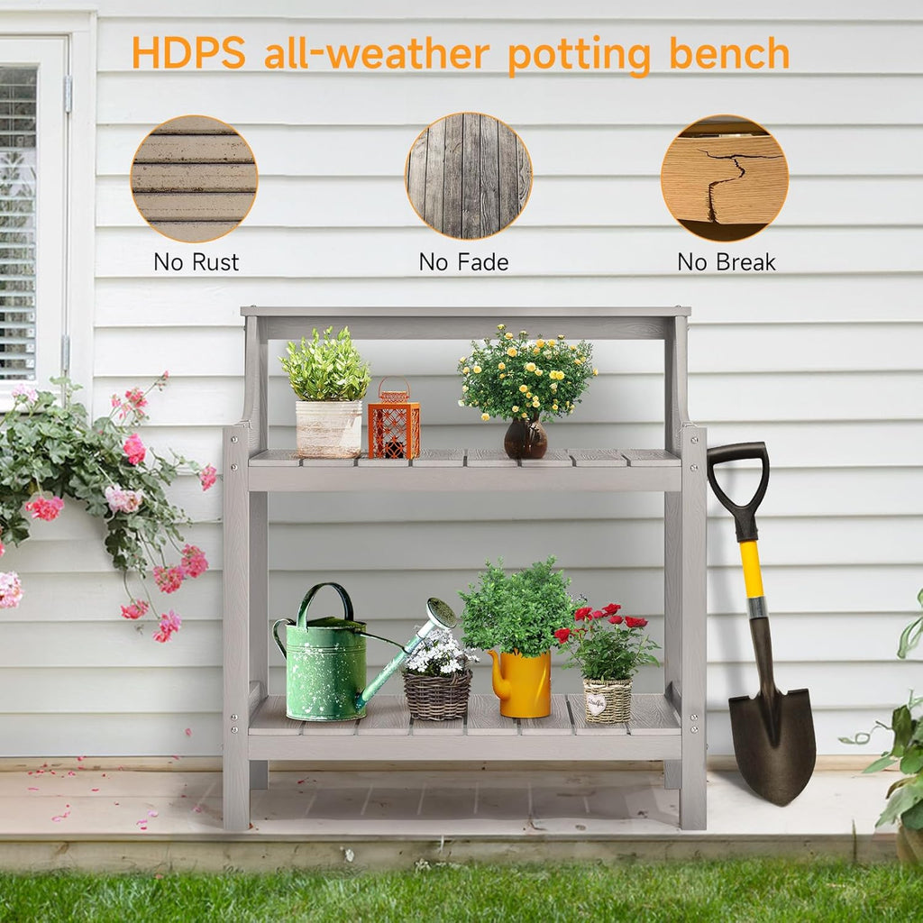 Potting Bench Table, HDPS Potting Bench with 4 Side Hooks, All-Weather Garden Table Work Station, Outdoor Potting Table for Porch, No Rust, No Fade, No Break, 360lbs Capacity (Grey, Large)