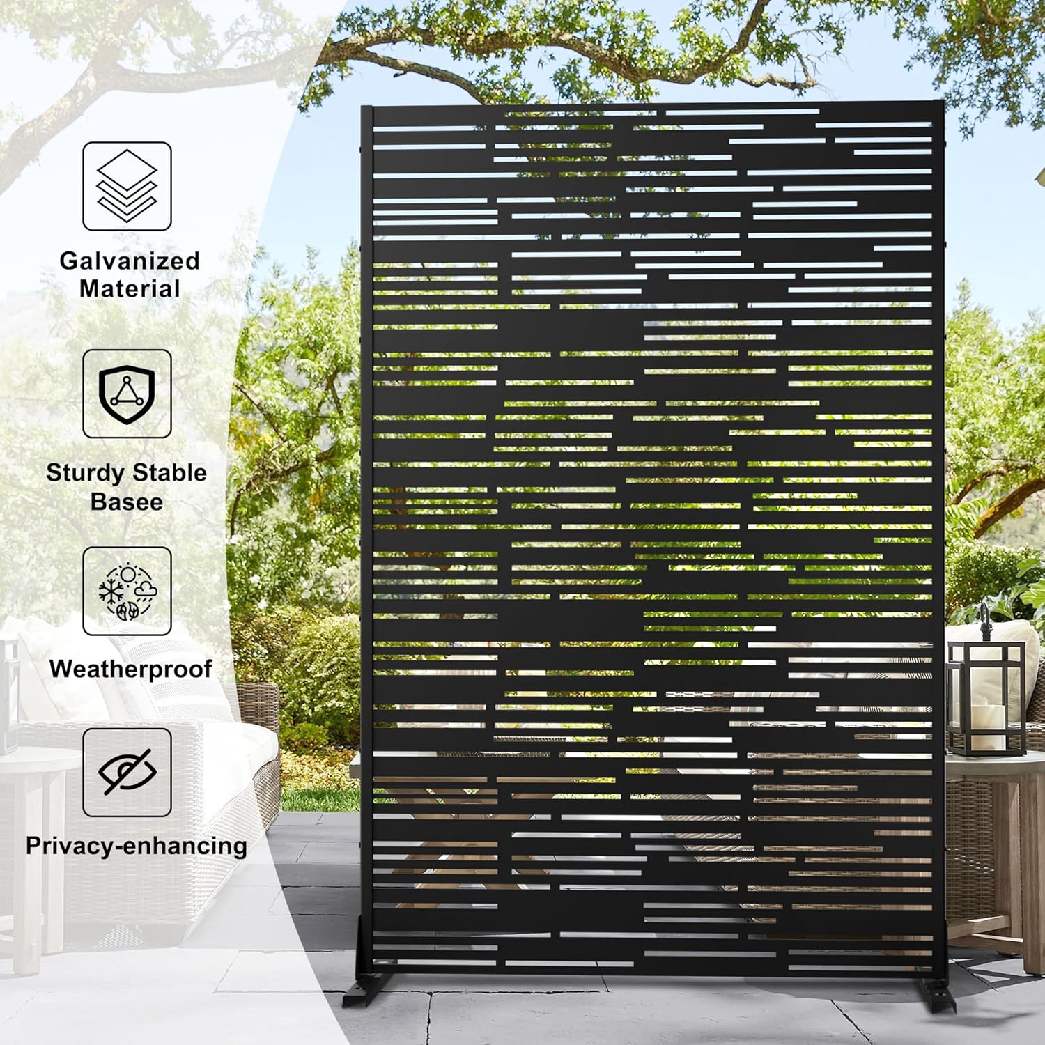 Metal Privacy Screen Outdoor 72" H×47" W,Freestanding Decorative Privacy Screen for Balcony Yard&Garden,Privacy Fence-Black&Shine