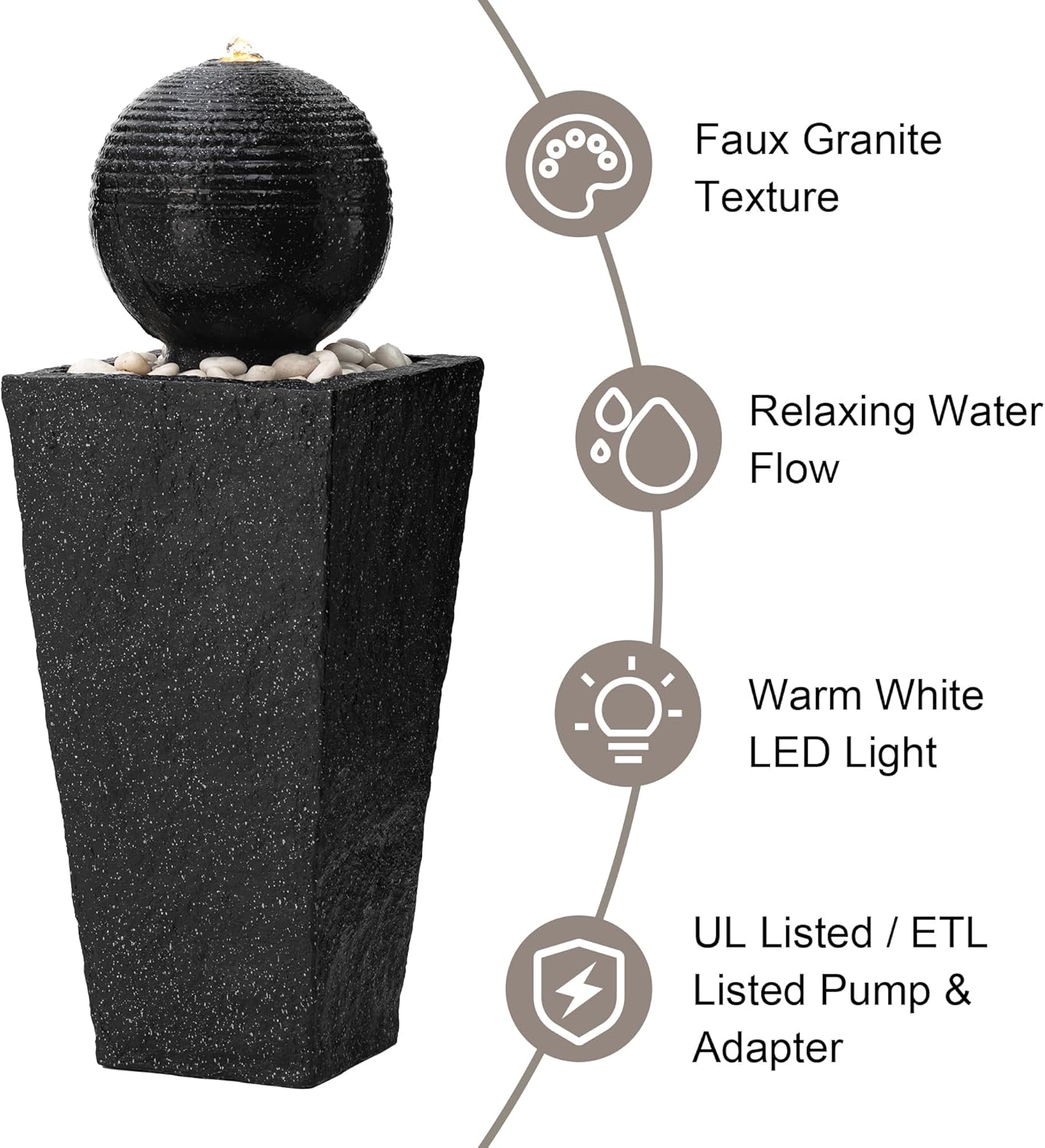 Glitzhome Outdoor Water Fountain with LED Light, Decorative Black Pedestal Water Fountains with Submersible Pump, Modern Sphere Floor Fountain with Pebbles for Garden Patio Decor Porch, 31.75”H