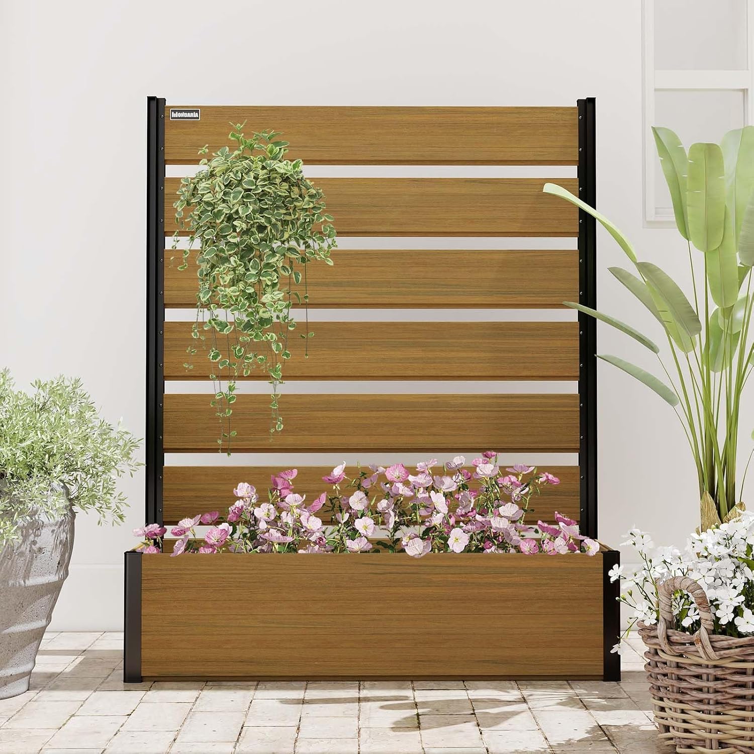 Vertical Screen Planter Bed - Raised Garden Box with Trellis for Climbing Plants, Durable Privacy Fence Planter for Outdoor, Patio, Deck Aluminum Frame, Brown with Base