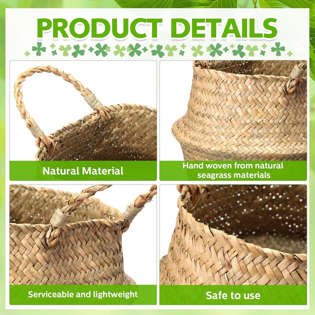 Qunclay Woven Seagrass Baskets Belly Basket Folding Boho Natural Plant Pot with Handles Round Decorative Wicker Large Indoor Planter for Home Outdoor Tree Planters Decor(9 x 11 Inch, 4 Pcs)