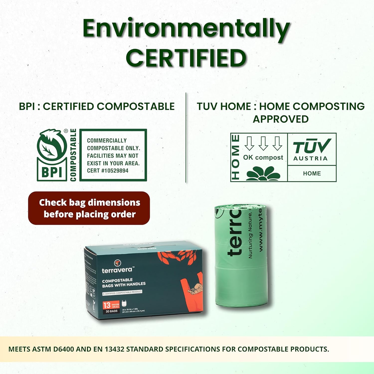 Compostable Trash Bags with Handles | BPI & OK Home Certified ASTM D6400 Standards | Heavy Duty Kitchen & Yard Waste Bags (13 Gallon Flat Top (50 Count) with Gallon Freezer Bags (50 Count))