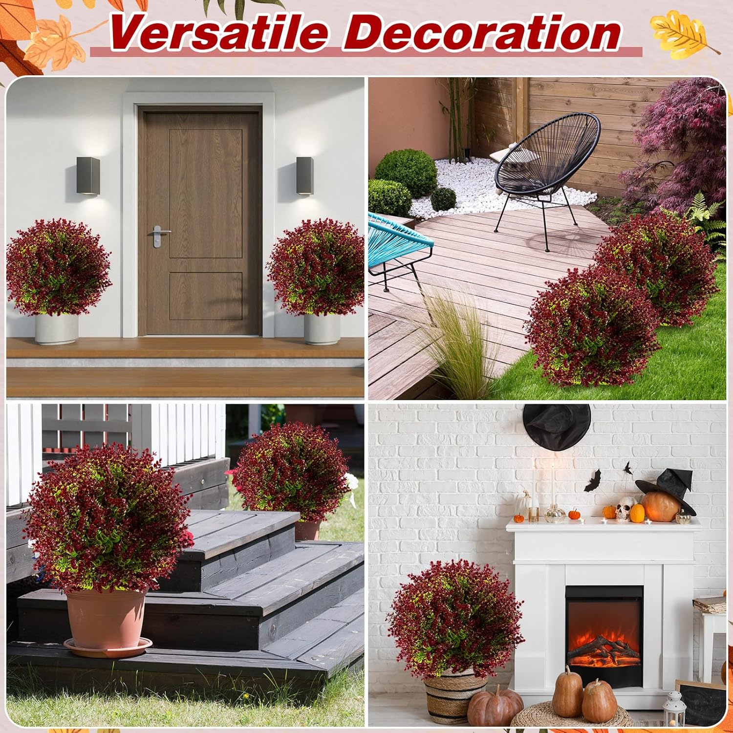 Yunlly 4 Pcs 18 Inch Artificial Boxwood Ball Topiary Tree Fake Outdoor Plants Bush, UV Resistance Faux Shrub with Spike Realistic Greenery Potted for Indoor Garden Yard Porch Patio Decor (Purple Red)