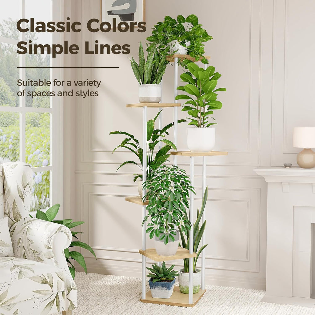 Bamworld Tall Plant Stand Indoor 6 Tier Metal Plant Shelf for Large Plants Corner Tiered Flower Stand for Patio Garden Balcony Living Room Bedroom White