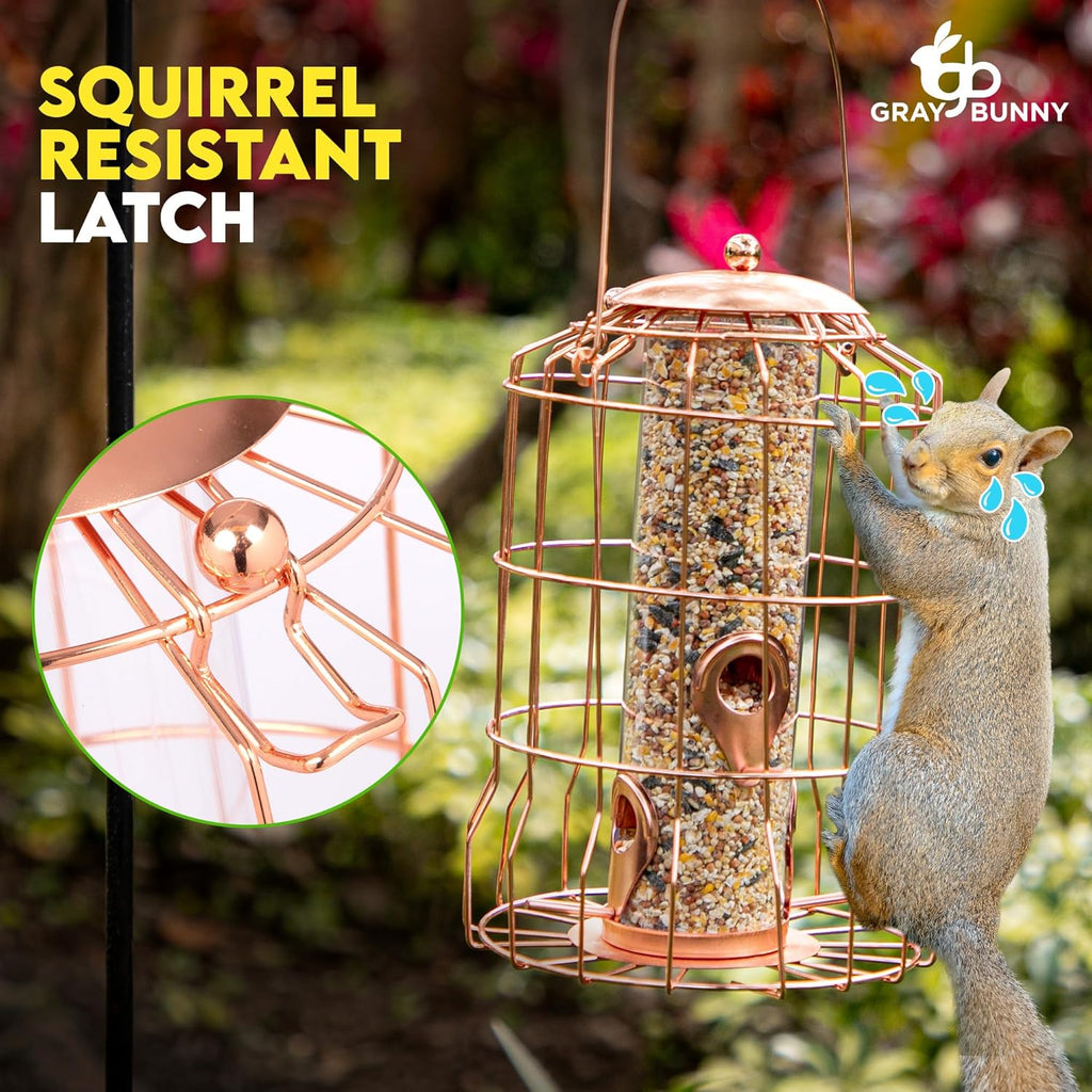 Squirrel Proof Bird Feeder for Outdoors Hanging (Metal Rose Gold) Bird Feeder with 4 Ports, Chew-Proof & Weather Resistant, Backyard Gift (10.25 x 6.25 x 6.25 inches)