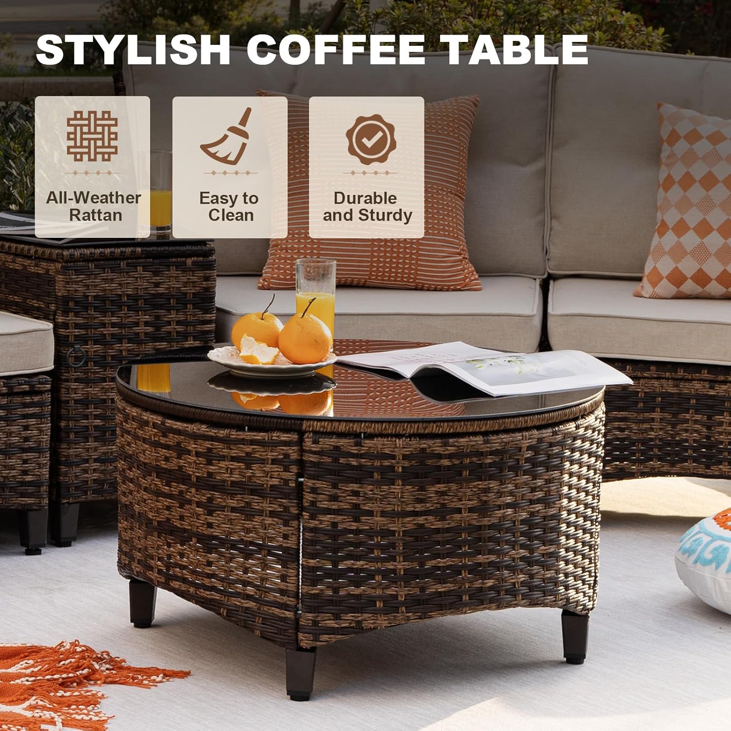 11 Piece Outdoor Patio Furniture Set, Half-Moon Curved Sectional Sofa Rattan Conversation Set with Wood Armrests, Coffee Table & 2 Side Table（Brown）