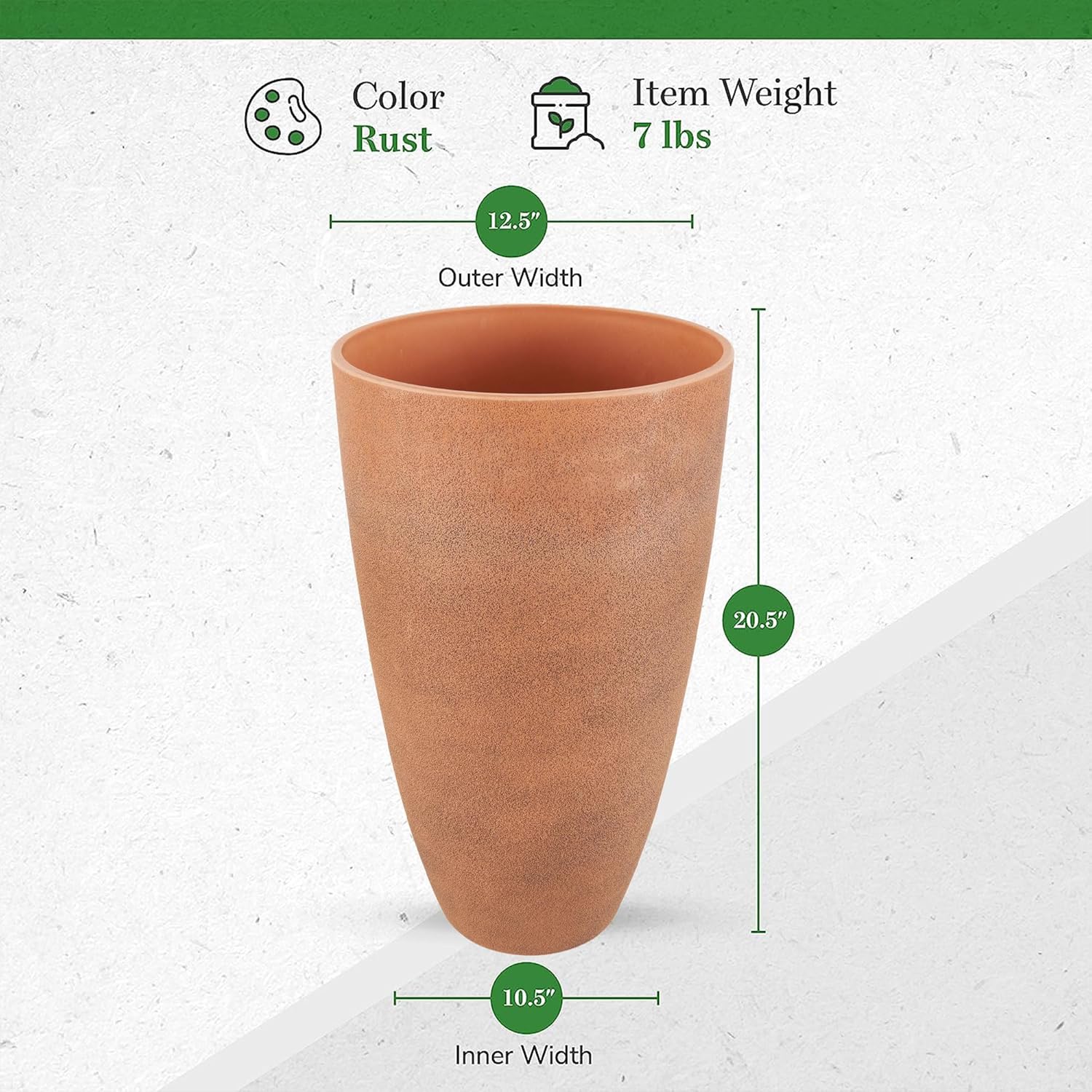 Algreen 43729 Acerra Weather Protected Recycled Composite Vase Planter Pot, Indoor or Outdoor use, Tall Lightweight 7 pounds, Rust