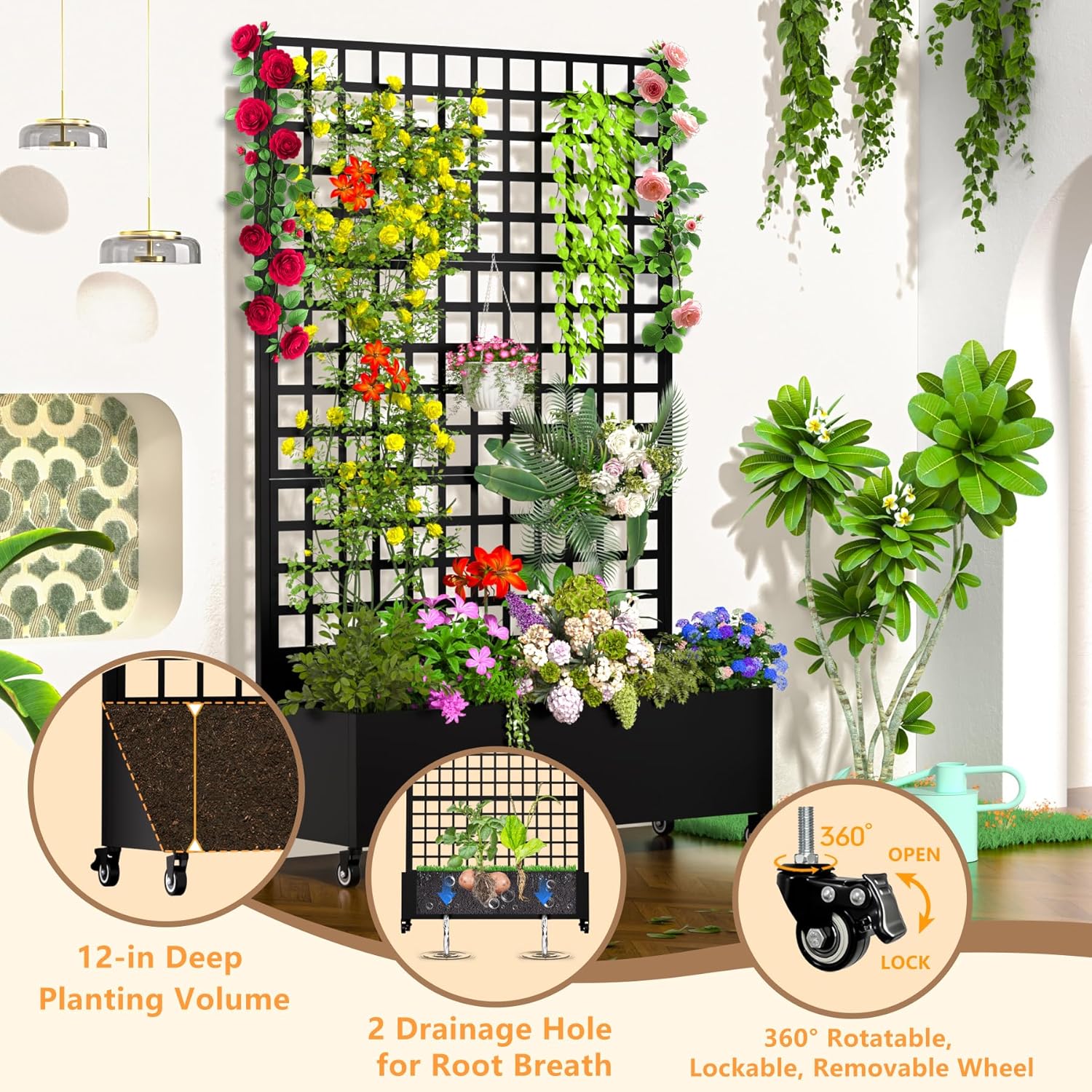 Metal Planter Box with Trellis, 72"x47"x16" Outdoor Galvanized Raised Garden Bed with Privacy Screen & Drainage Holes & Lockable Casters for Climbing Plants, Vegetable, Vines (Black-Grid)