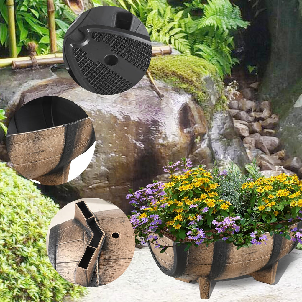 YI 2 Pack Rustic Half Barrel Planters, 16.34x11.81x7.28 Inches Plastic Weather Resistant Plant Flower Pot Indoor & Outdoor Garden Planter