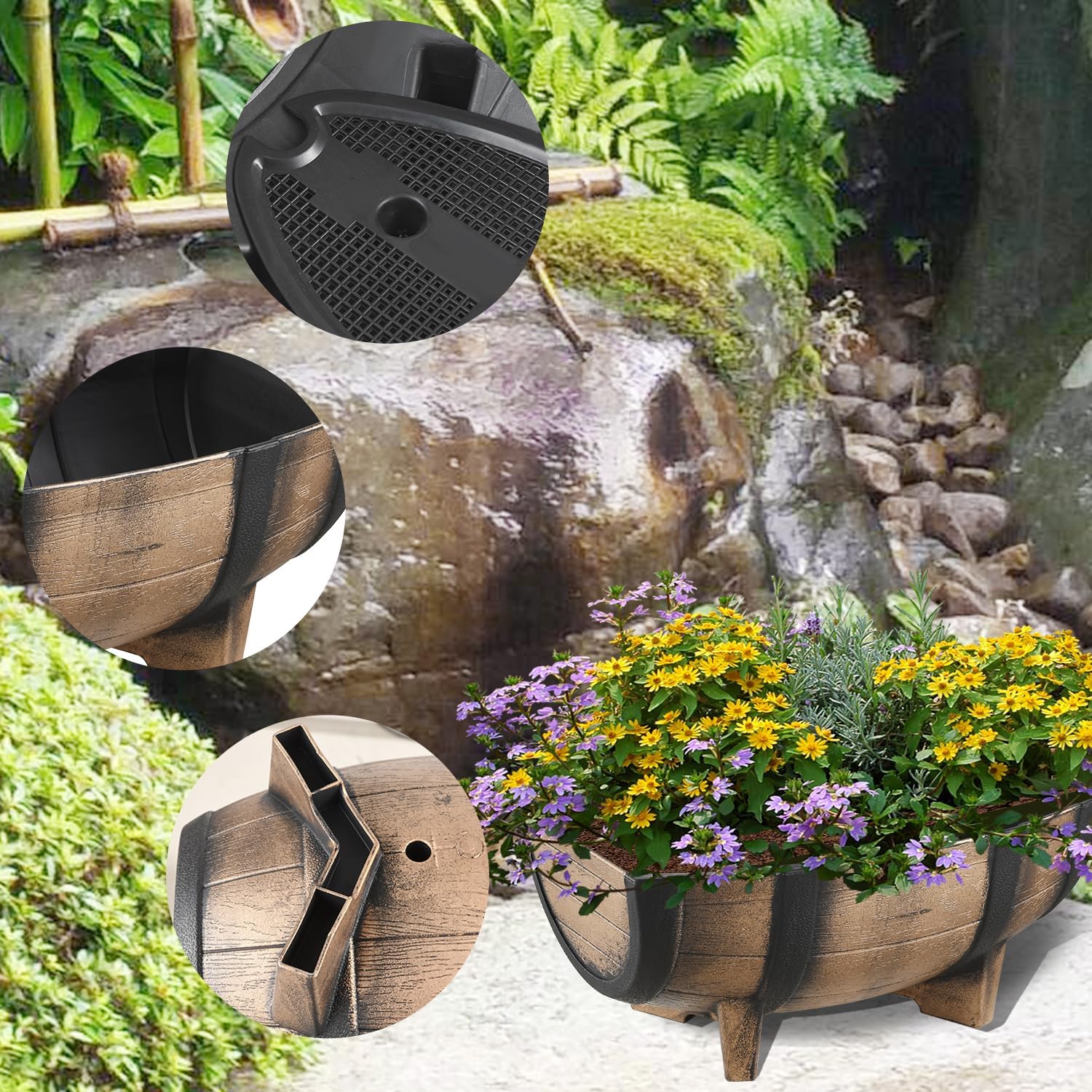 YI 2 Pack Rustic Half Barrel Planters, 16.34x11.81x7.28 Inches Plastic Weather Resistant Plant Flower Pot Indoor & Outdoor Garden Planter