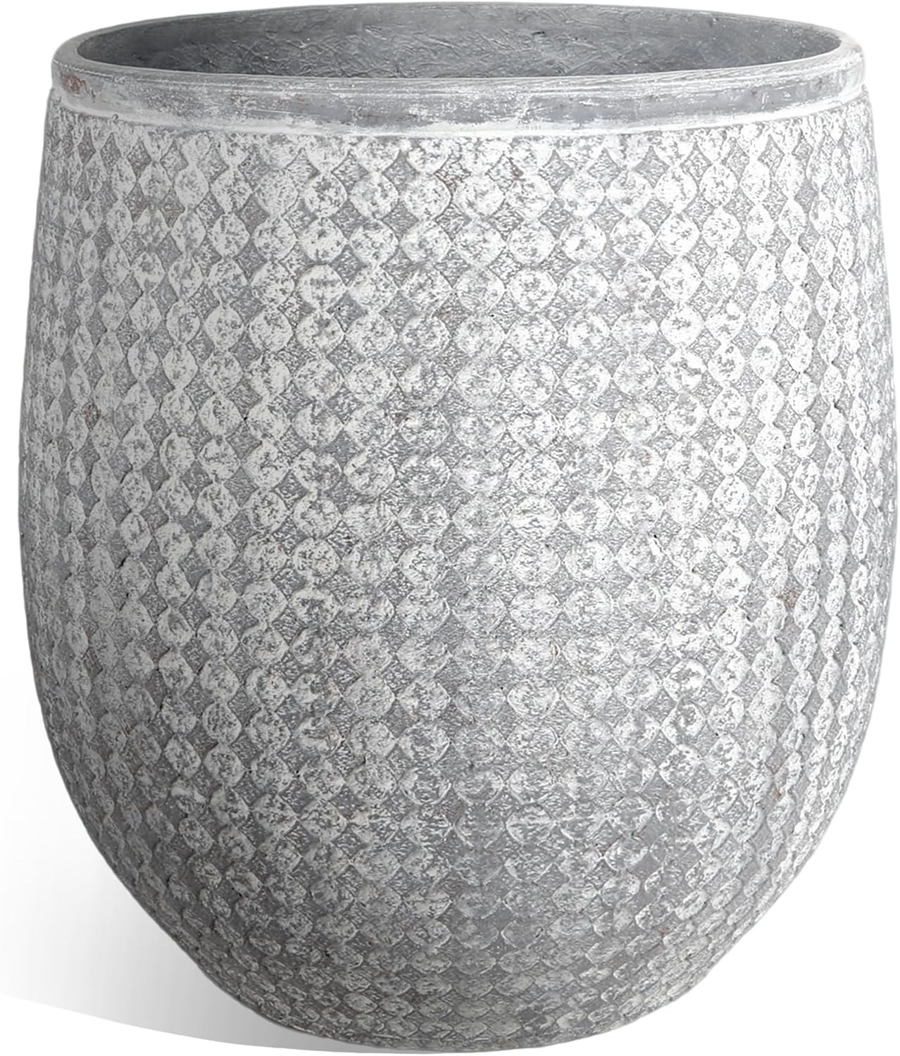 Worth Garden Large Grey Round Planter – 14.5" Dia x 17.5" H Lightweight Magnesium Oxide Cement Plant Pot with Texture – Raised Pattern Concrete Look – Drainage Hole – Indoor & Outdoor Use