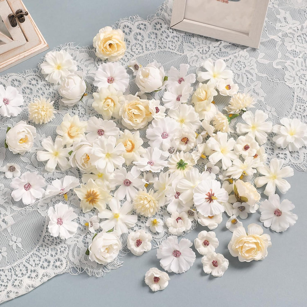 Faux Flower Heads Small Silk Artificial Flower DIY Fake Mini Flowers Rose Daisy Multicolor Flowers Craft Supplies for Wedding Party Wreath Graduation Season Party Home Decor (125, White)