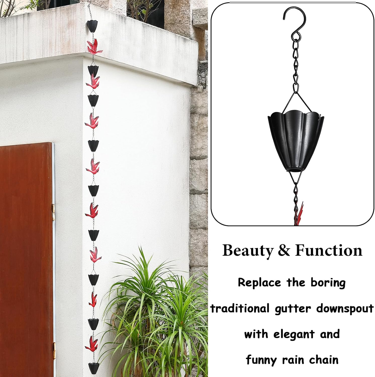 Cardinal Rain Chain, 8.5Ft Rain Chains for Gutters and Downspouts, Metal Decorative Rain Catcher Chain, Bird and Cup Rainwater Gutter Chimes for Outside, Outdoor Garden Decor