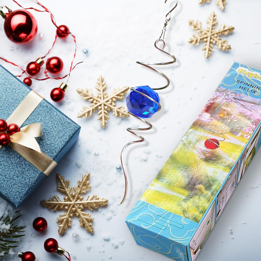 Gazing Ball Spiral Tail Wind Spinner with Sea Blue Crystal Orb, Wind Spinners Stabilizer with Hanging Swivel Hook, Sun Catcher Rainbow Maker Indoor & Outdoor Decoration Garden Gift 13" Height