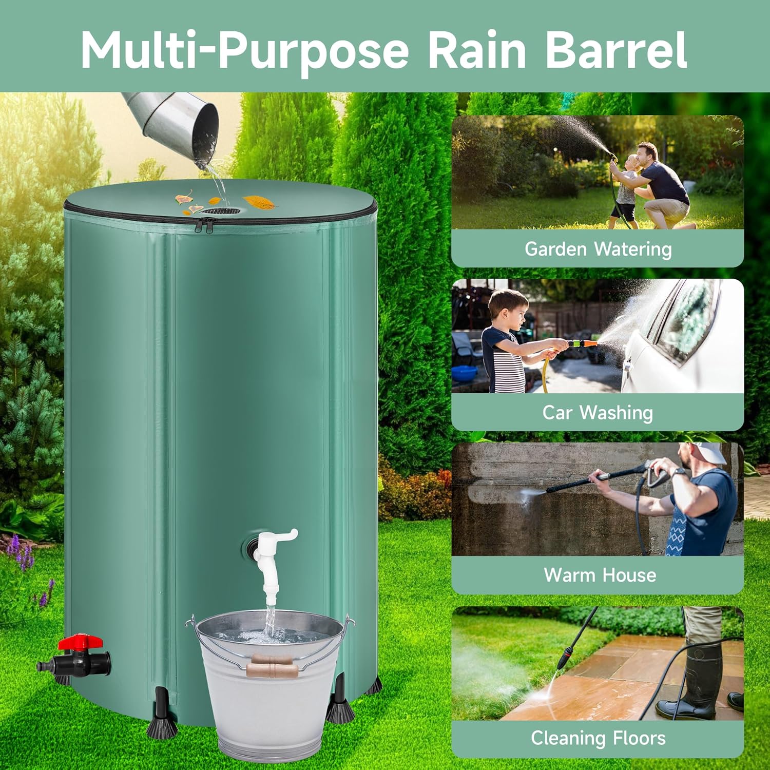 Collapsible Rain Barrel Water Storage Containers-100 Gallon Portable Rainwater Collect System Water Tank to Collect Rainwater from Gutter Downspout Water Catcher with Spigots,Filter＆Overflow Kits
