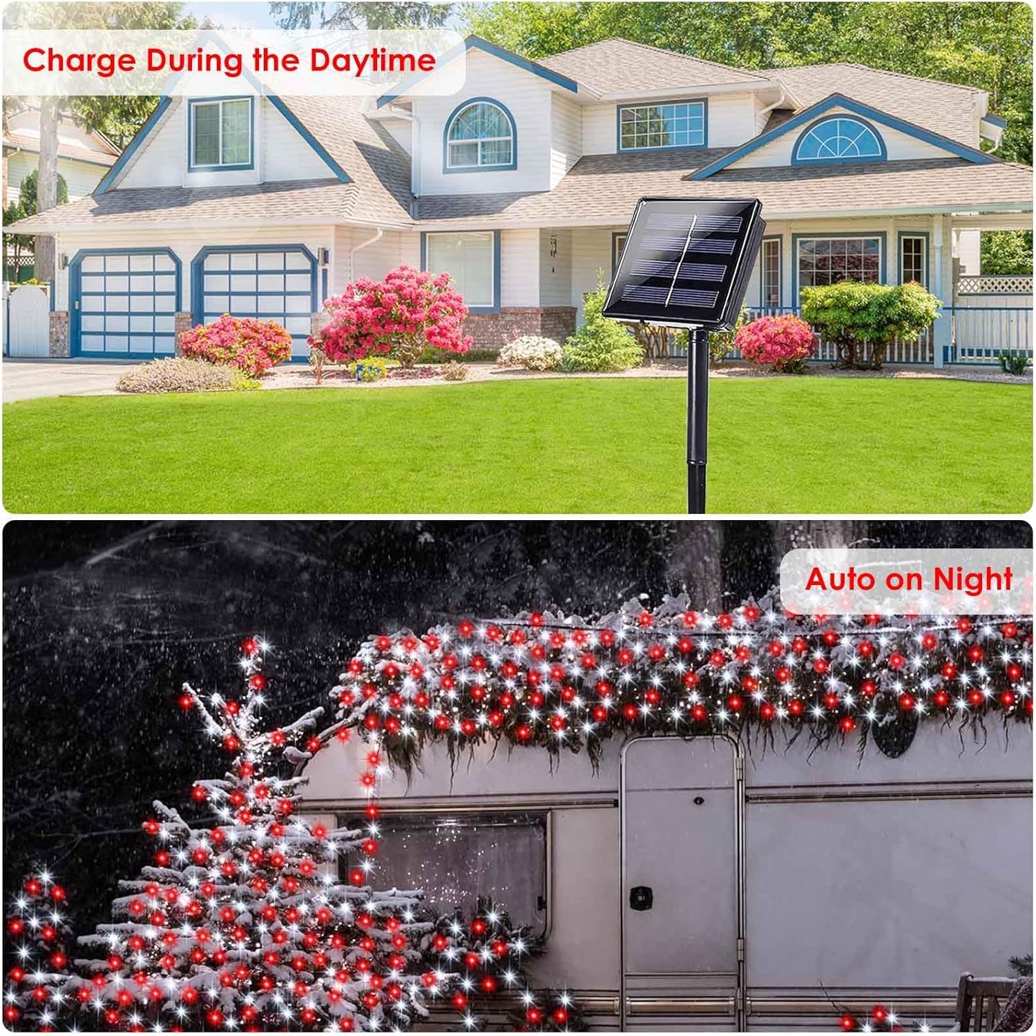 2 Pack 200 LED Solar Christmas Lights Outdoor Waterproof, Solar String Lights for Outside, Solar Outdoor String Light with 8 Lighting Modes for Xmas Tree Wedding Party Yard Decorations (Red and White)