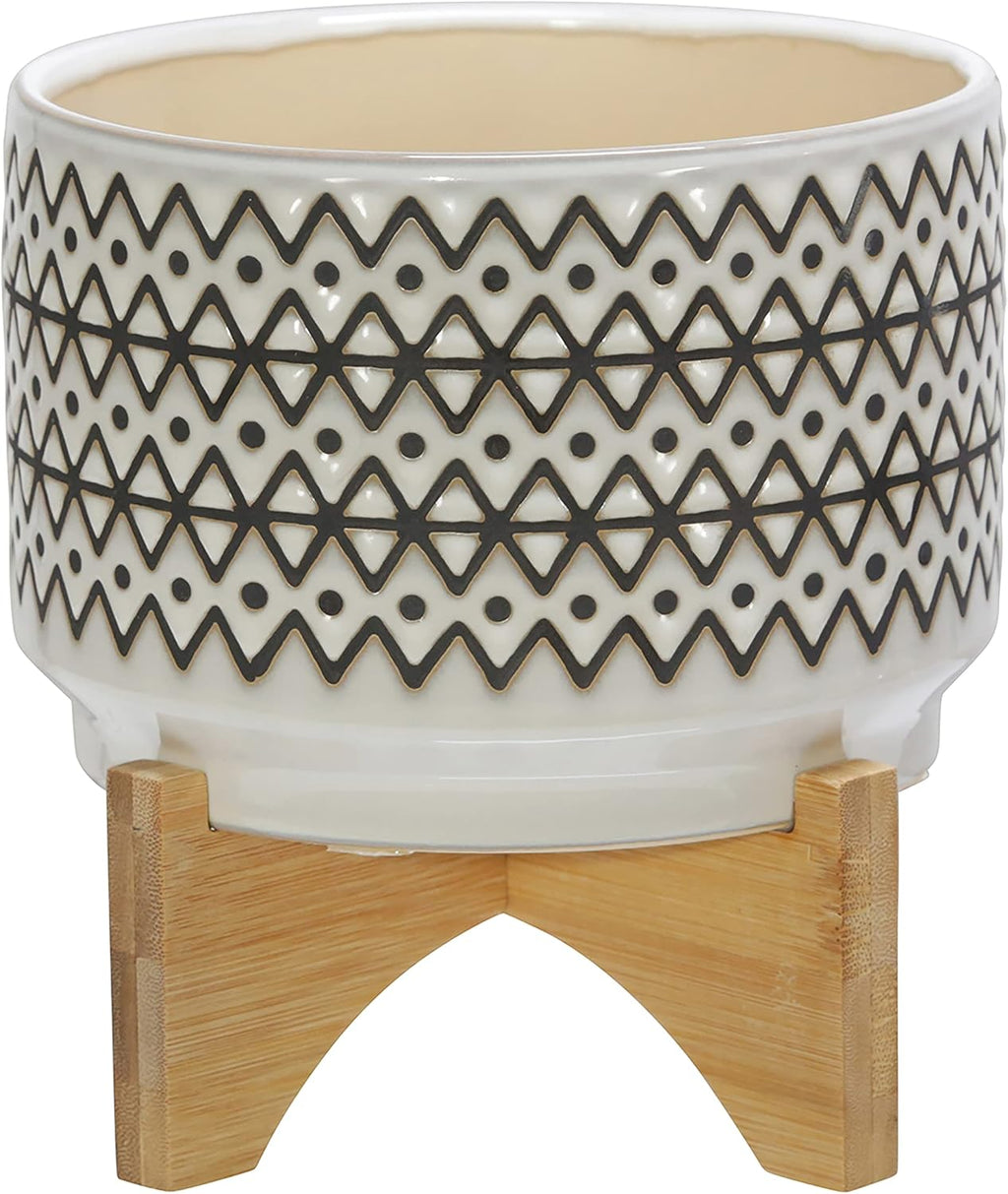 Sagebrook Home Ceramic Planter with Stand - Decorative Stoneware Pot with Wood Base - Modern Boho Indoor/Outdoor Plant Holder for Home & Garden - 8" Ivory & Tan