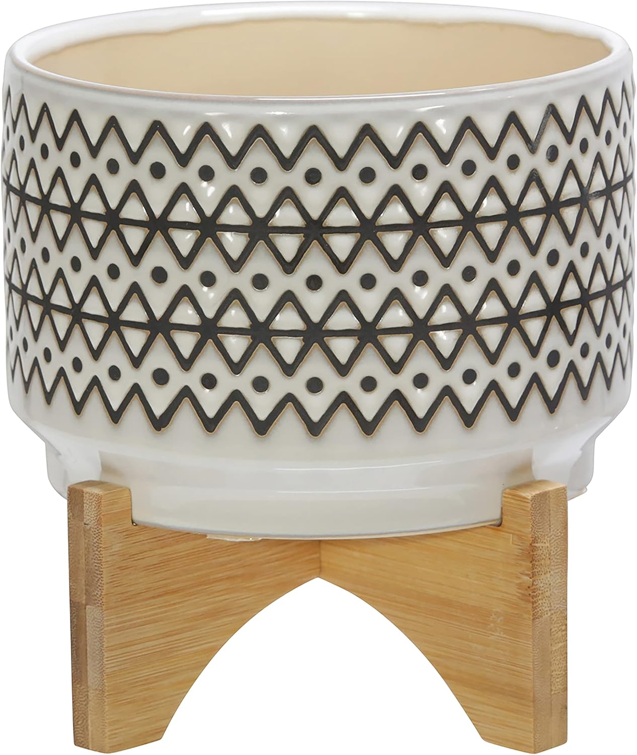 Sagebrook Home Ceramic Planter with Stand - Decorative Stoneware Pot with Wood Base - Modern Boho Indoor/Outdoor Plant Holder for Home & Garden - 8" Ivory & Tan