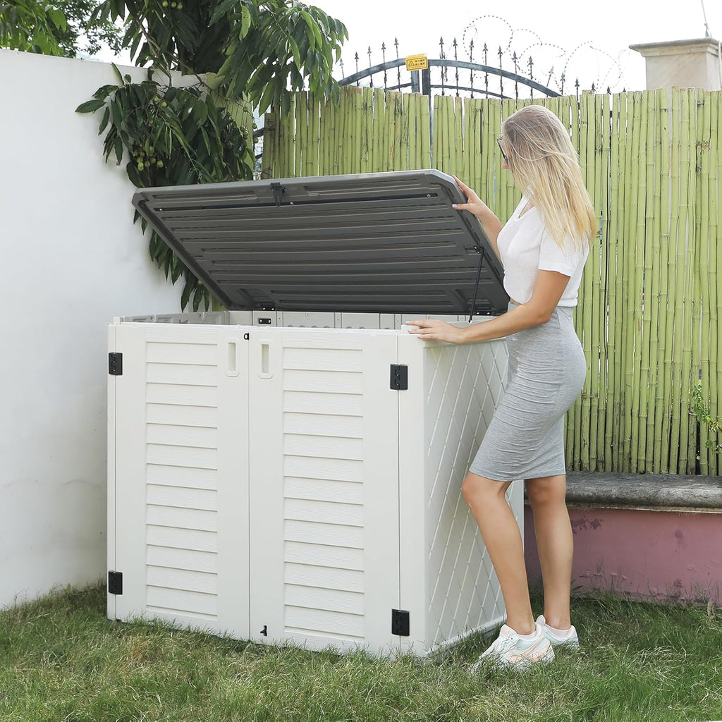 HOMSPARK Storage Shed Weather Resistance, Multi-Purpose Outdoor Storage Cabinet for Backyards and Patios, 26 Cu.ft Capacity Horizontal Storage Shed for Bike, Lawnmower, Trash Cans, Patio Accessories