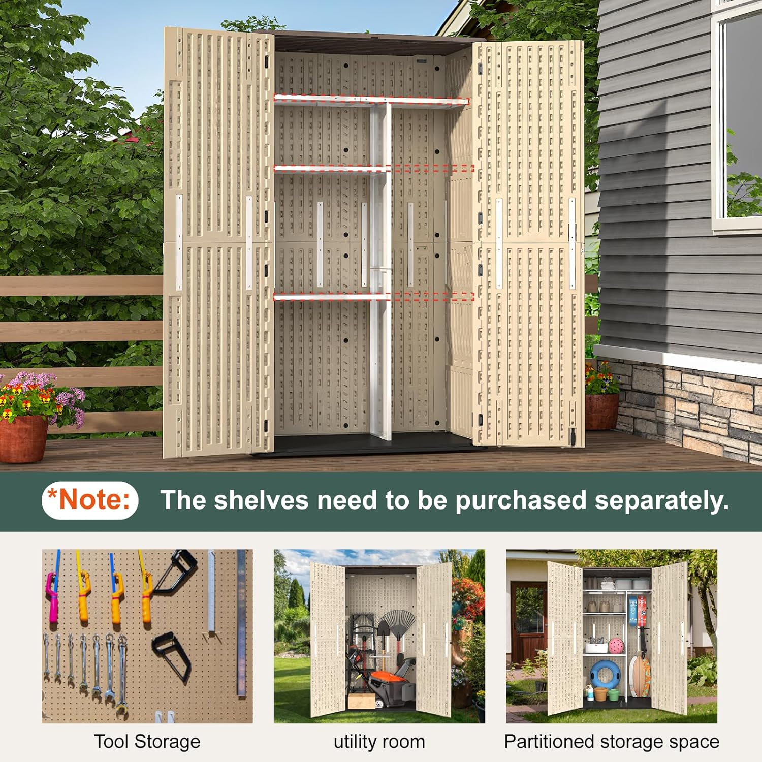 60 Cu.Ft Vertical Outdoor Storage Shed, All-Weather Resin Storage Cabinet Waterproof with Lockable Floor, Tall Backyard Shed for Patio Furniture, Garage, Garden, Pool Accessories, Porch (Khaki)