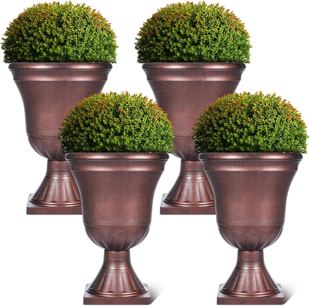 Dandat 4 Pack Large Outdoor Urn Planter 22 inch Tall Plastic Planter for Front Proch Classic Vase Decorative Garden Pot for Indoor Outdoor Door Patio Deck Decor (Vintage Copper)