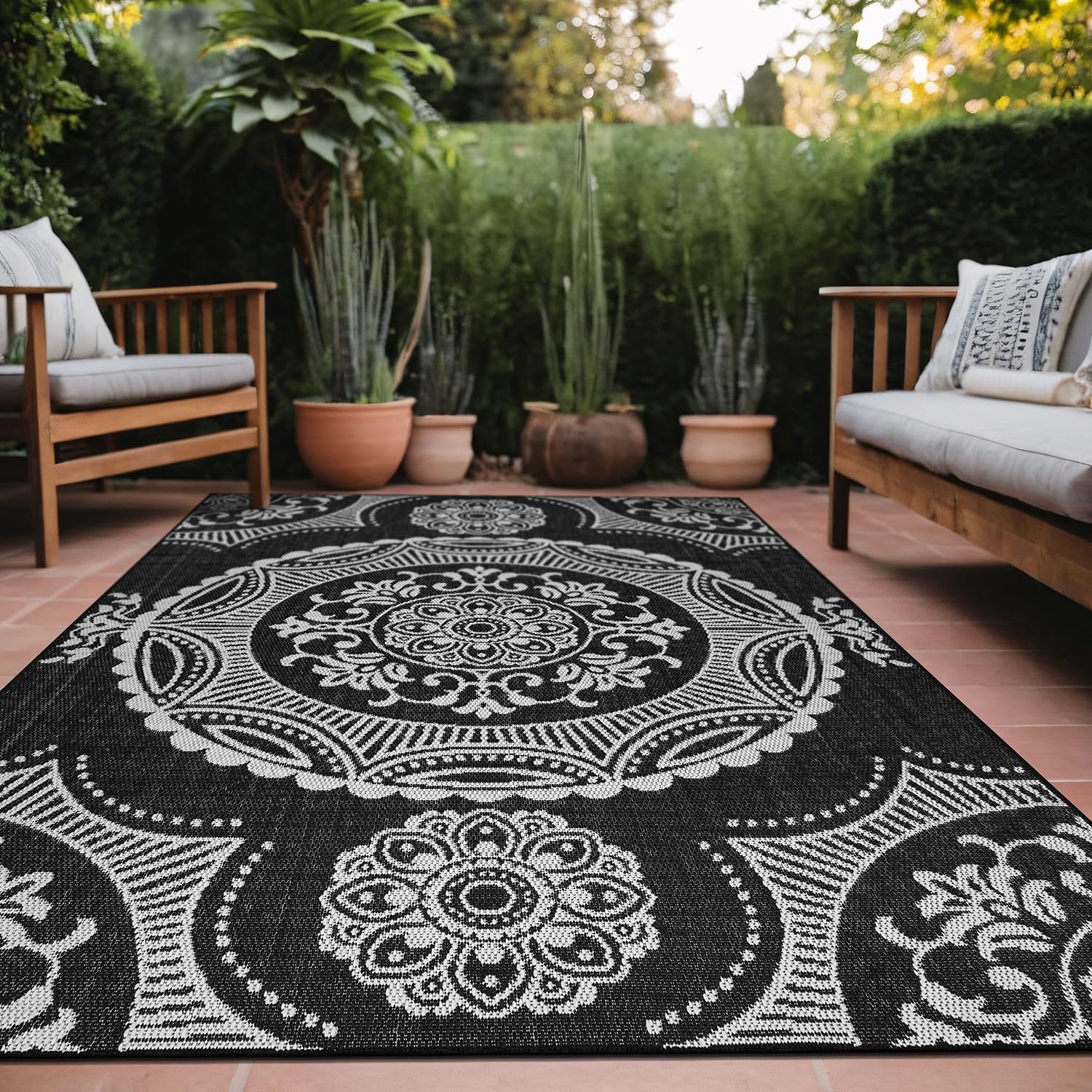Medallion Outdoor Rug 8x10 Washable Outside Carpet for Indoor Patio Porch Waterproof Easy Cleaning Non Shedding Area Rugs Black 8 x 10